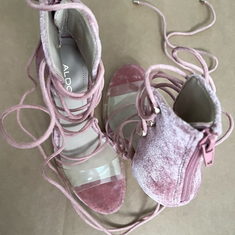 ALDO Pink Velvet Lace-Up Kids Sandals with Clear Straps